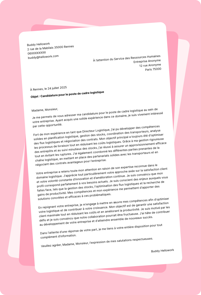 Exemple lettre de motivation Cadre logistique