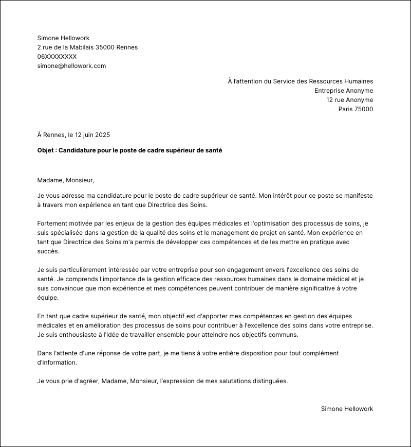 Modèle lettre de motivation Cadre supérieur de santé Exemple lettre de motivation Cadre supérieur de santé