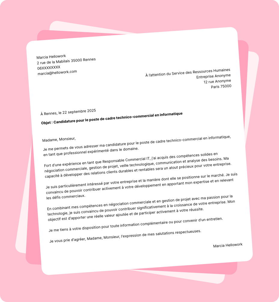 Modèle lettre de motivation Cadre technico-commercial en informatique Exemple lettre de motivation Cadre technico-commercial en informatique