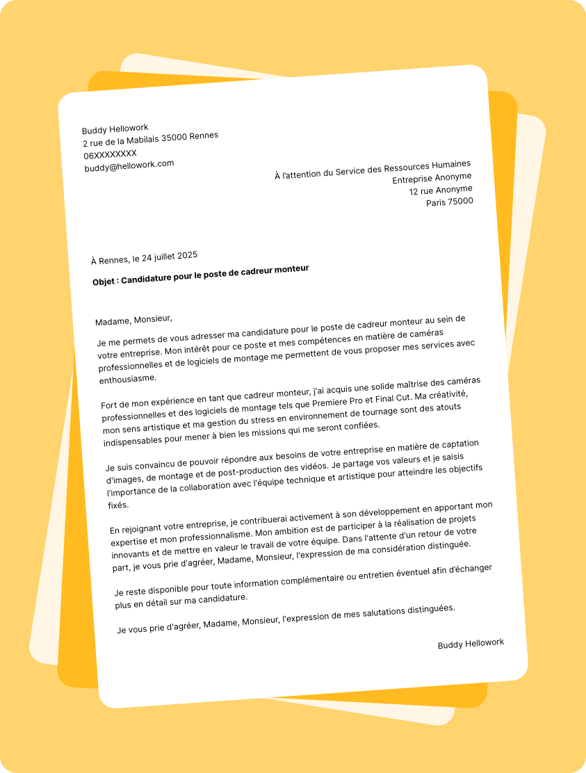 Exemple lettre de motivation Cadreur monteur