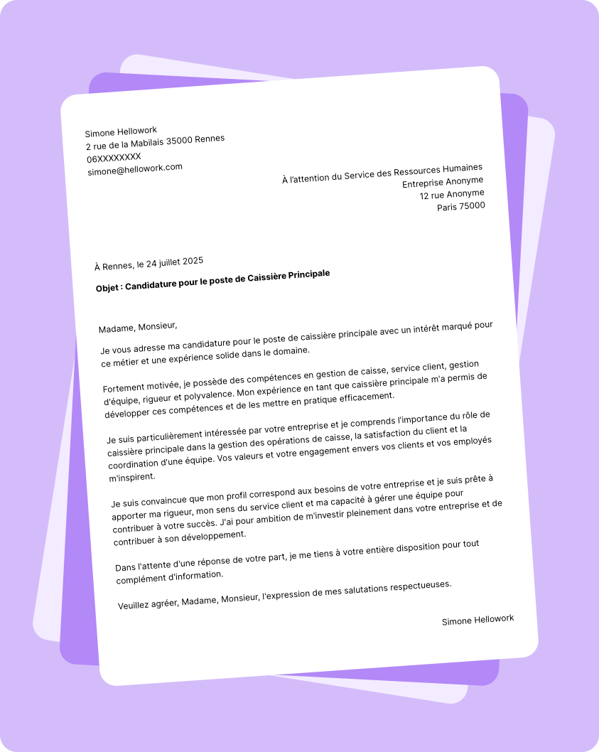 Modèle lettre de motivation Caissier principal Exemple lettre de motivation Caissier principal