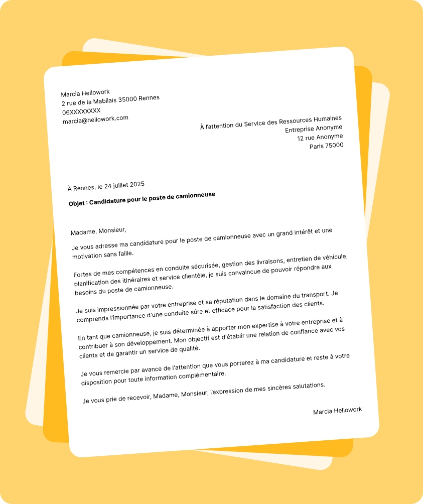 Modèle lettre de motivation Camionneur Exemple lettre de motivation Camionneur