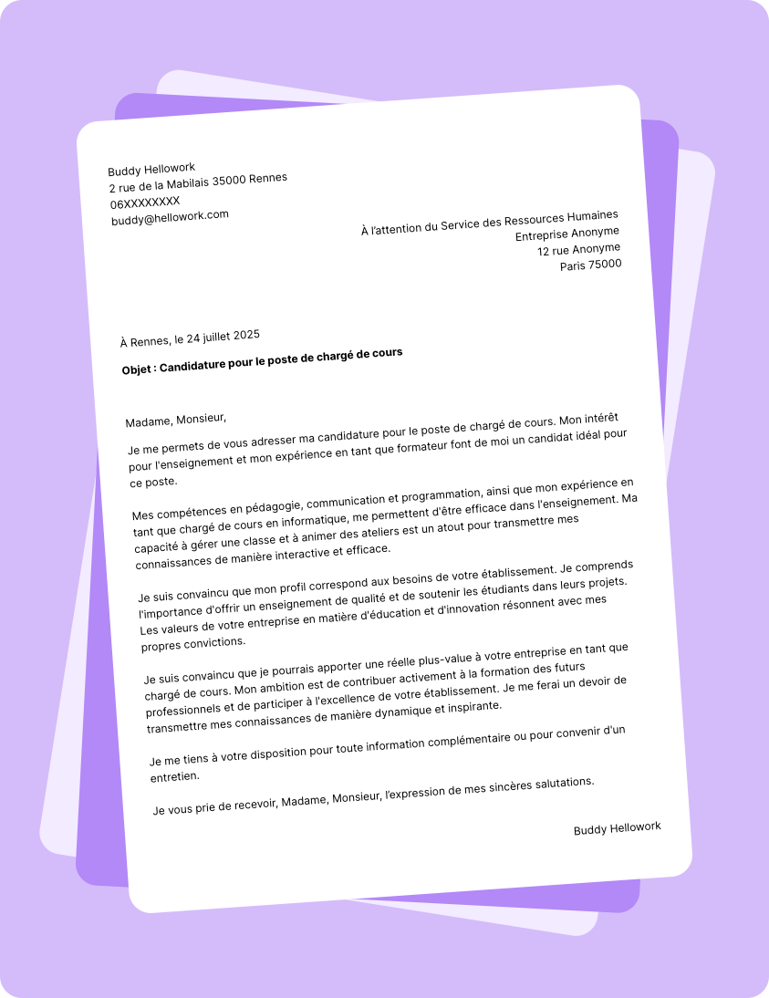 Exemple lettre de motivation Chargé de cours