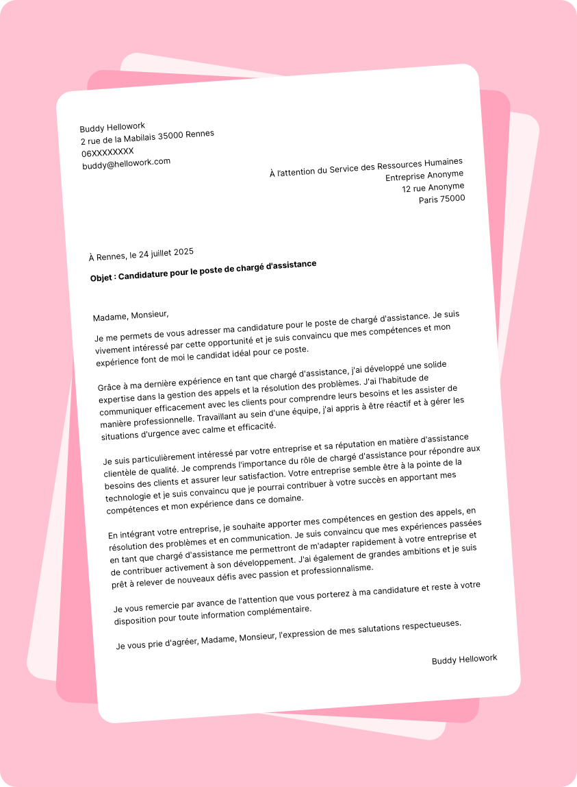 Modèle lettre de motivation Chargé d'assistance Exemple lettre de motivation Chargé d'assistance