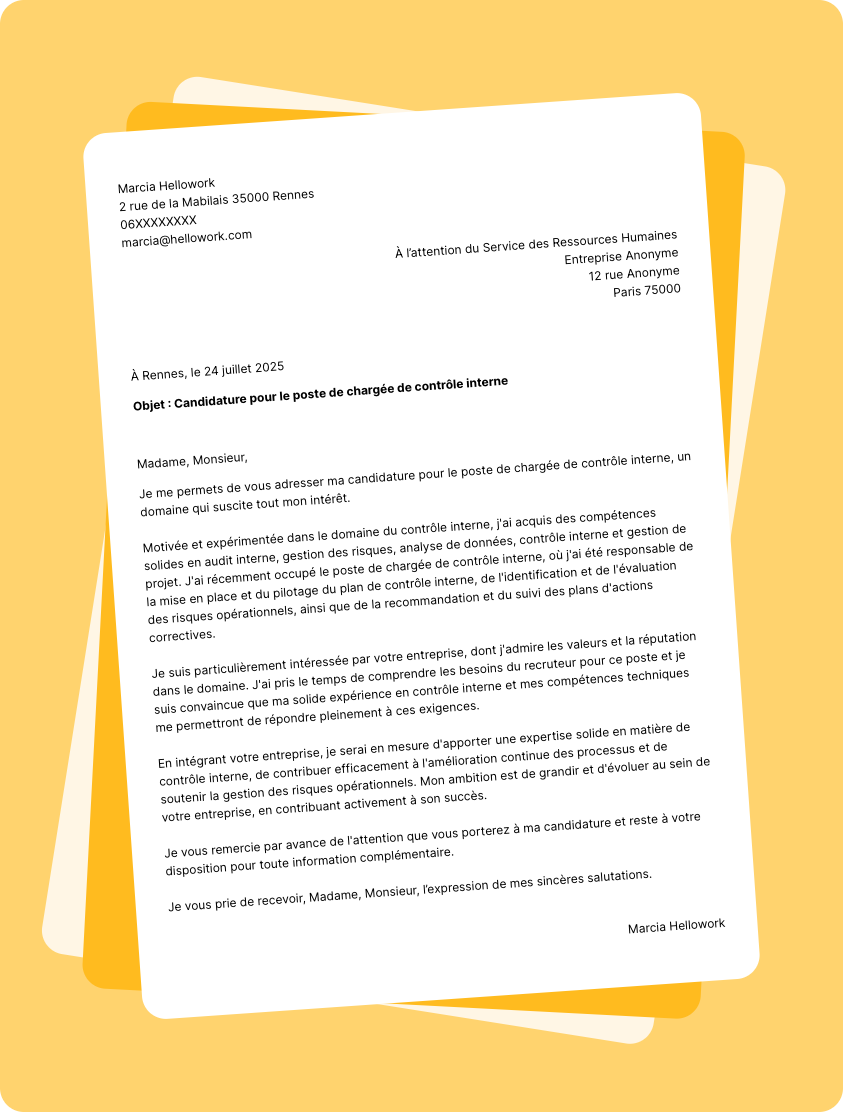 Modèle lettre de motivation Chargé de contrôle interne Exemple lettre de motivation Chargé de contrôle interne