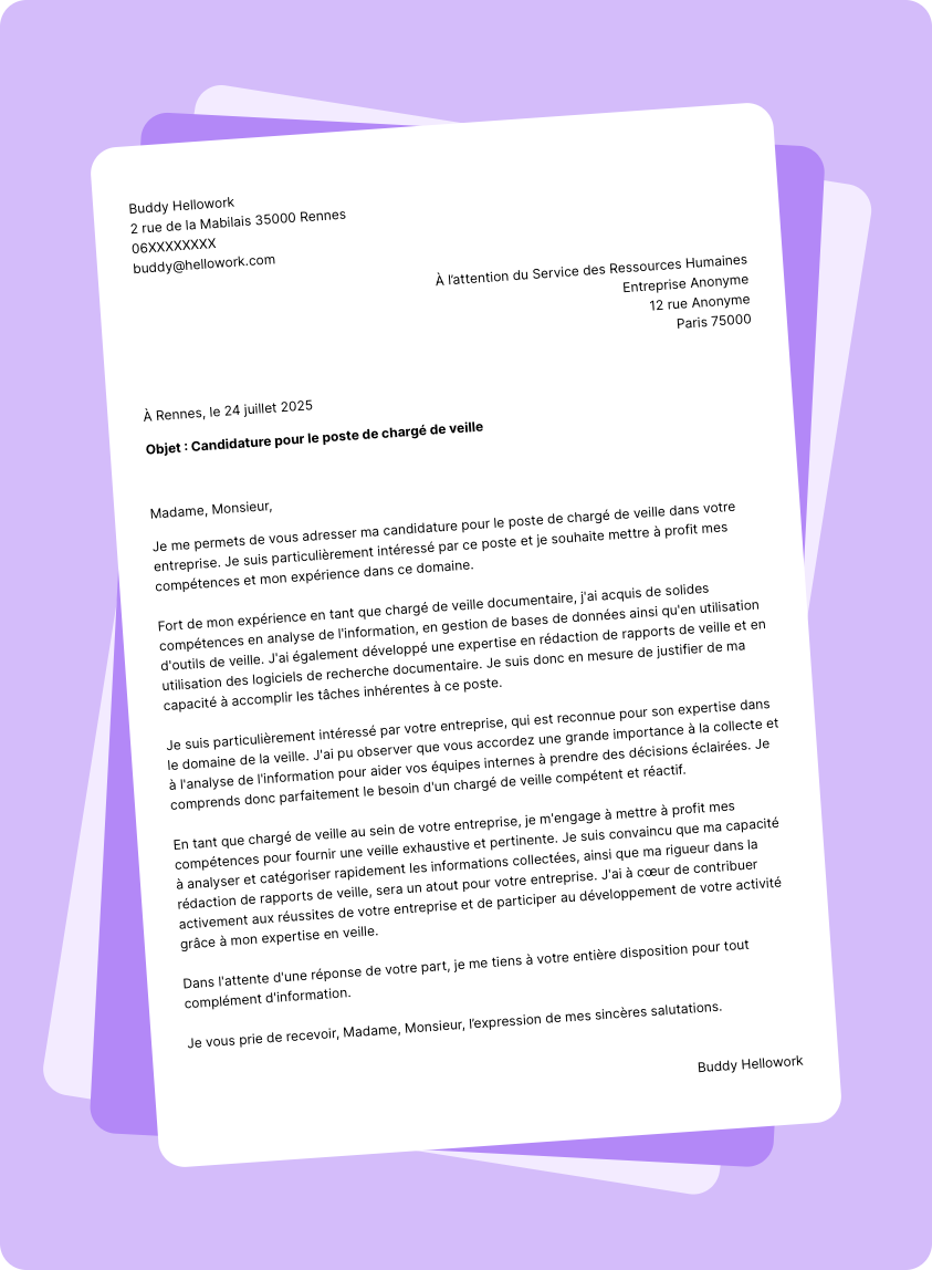 Modèle lettre de motivation Chargé de veille Exemple lettre de motivation Chargé de veille