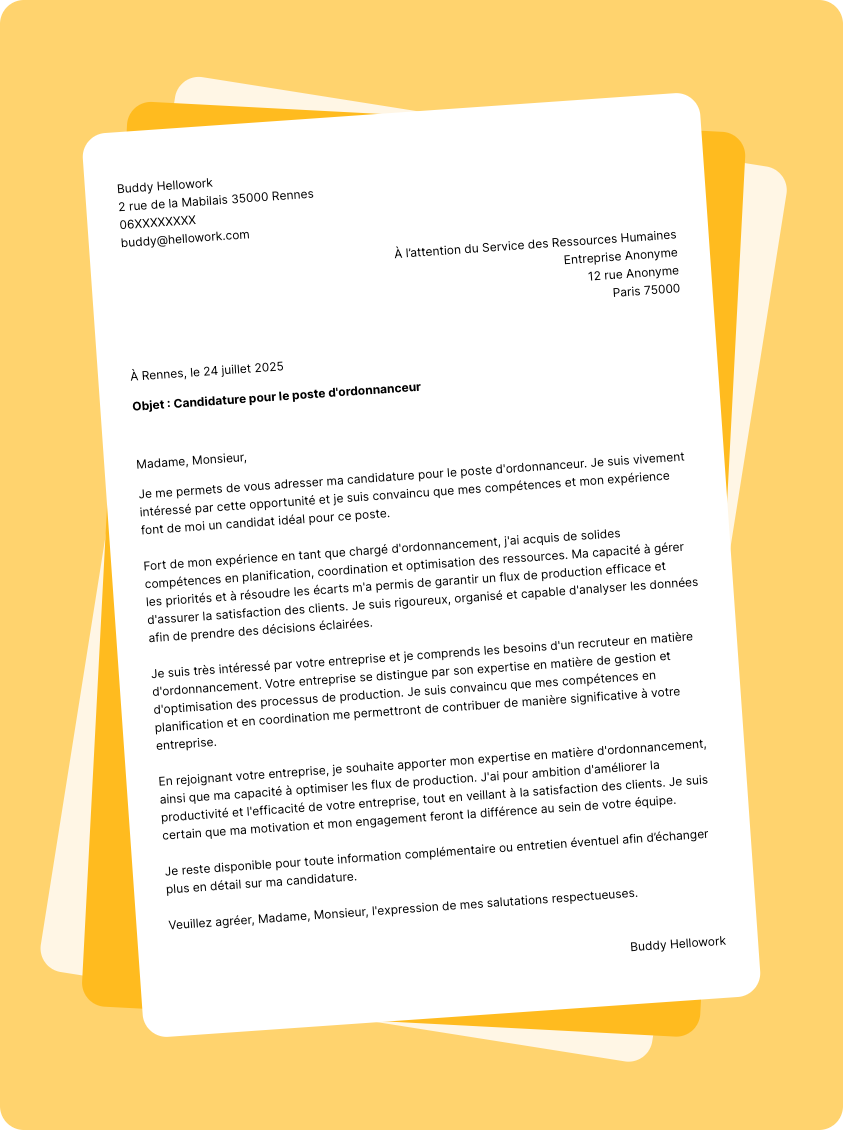Exemple lettre de motivation Ordonnanceur