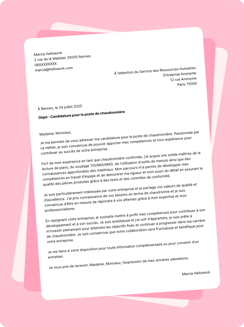 Exemple lettre de motivation Chaudronnier