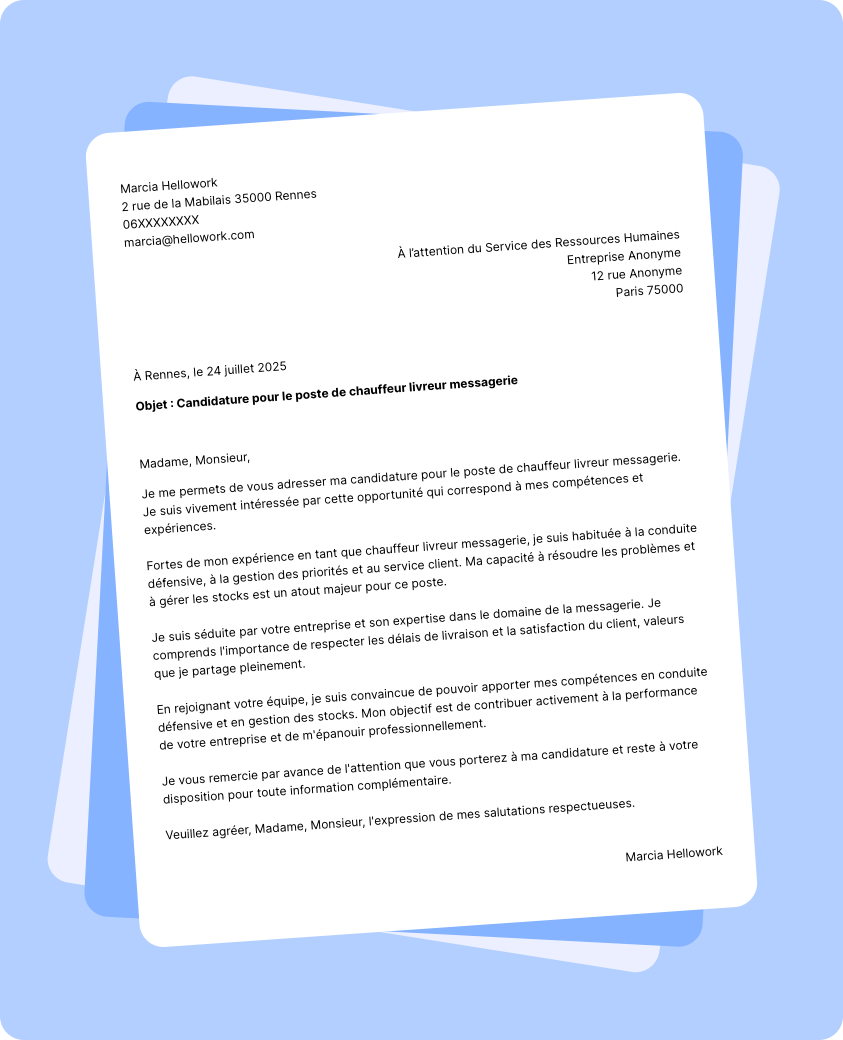 Exemple lettre de motivation Chauffeur livreur messagerie