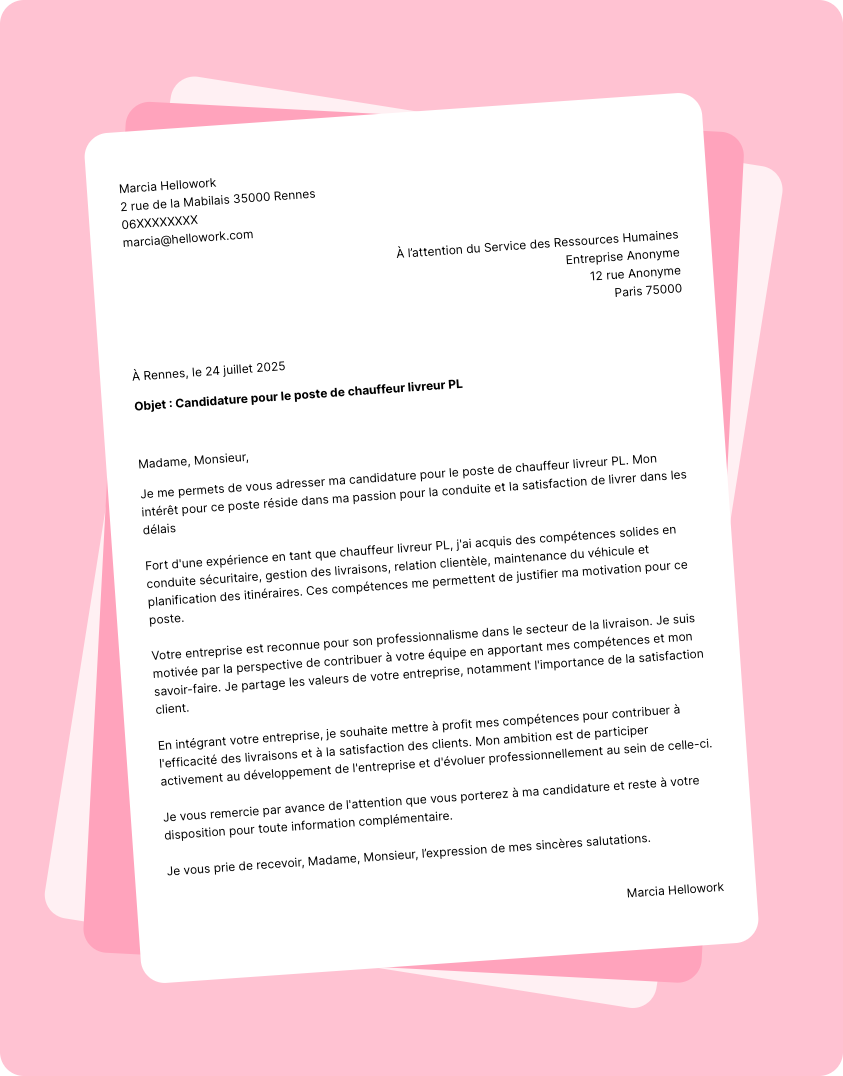Exemple lettre de motivation Chauffeur livreur PL