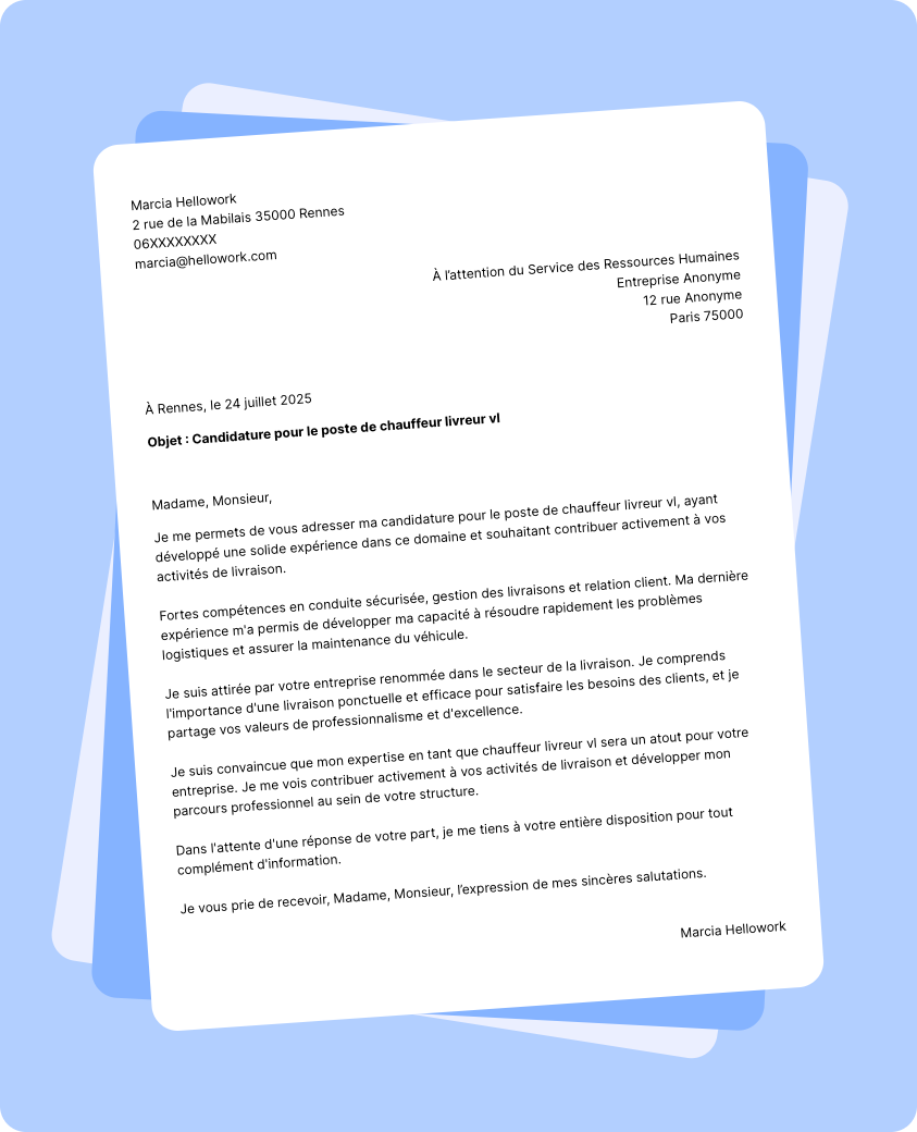 Exemple lettre de motivation Chauffeur livreur VL