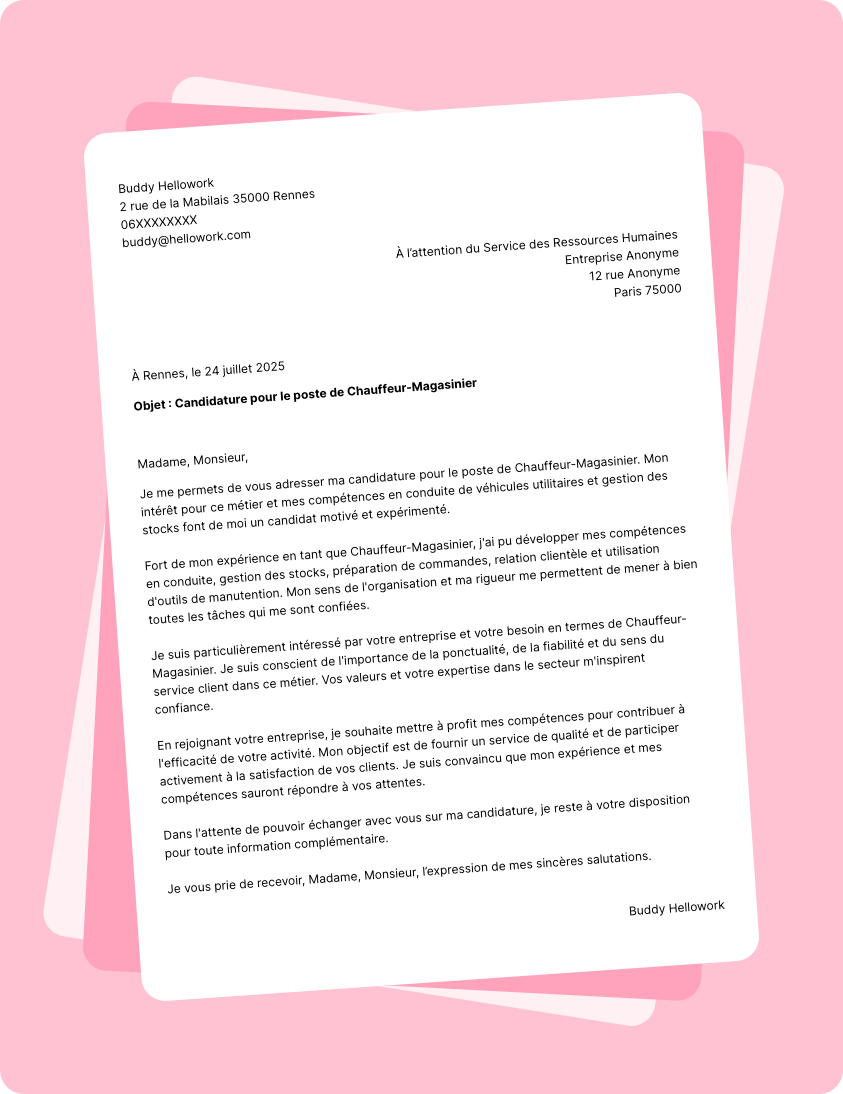 Modèle lettre de motivation Chauffeur-magasinier Exemple lettre de motivation Chauffeur-magasinier