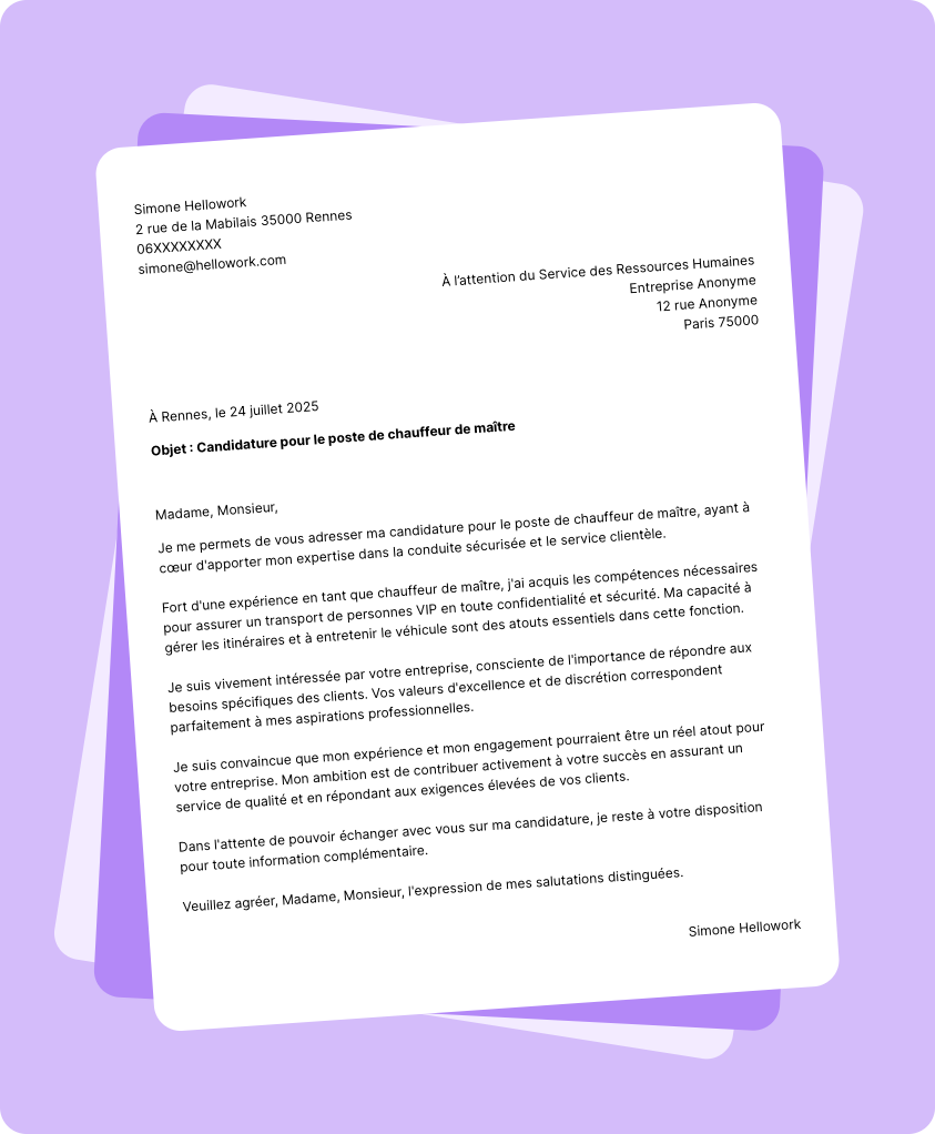 Exemple lettre de motivation Chauffeur de maître