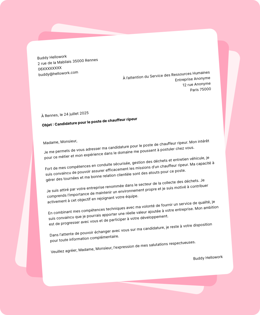 Exemple lettre de motivation Chauffeur ripeur
