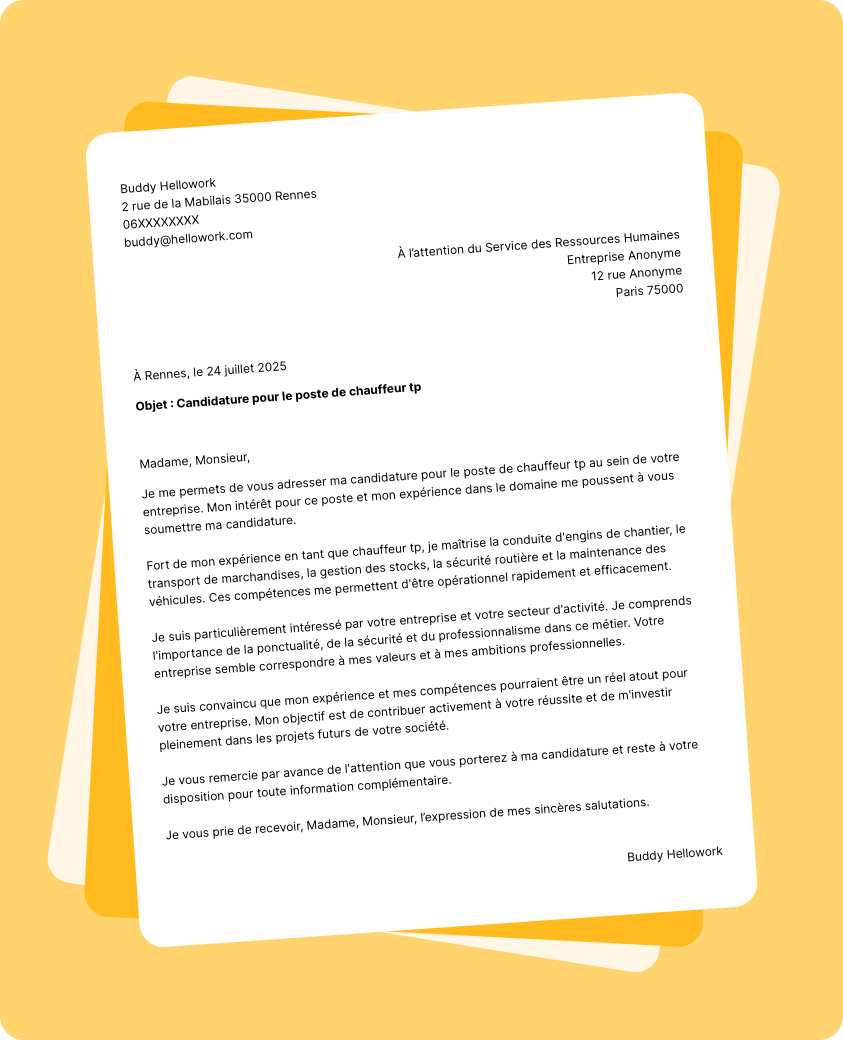 Modèle lettre de motivation Chauffeur TP Exemple lettre de motivation Chauffeur TP