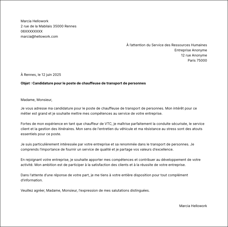 Modèle lettre de motivation Chauffeur transport de personnes Exemple lettre de motivation Chauffeur transport de personnes