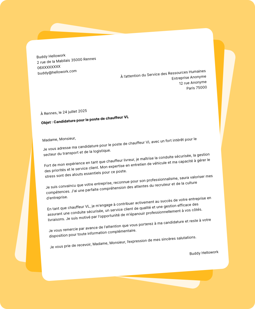 Exemple lettre de motivation Chauffeur VL