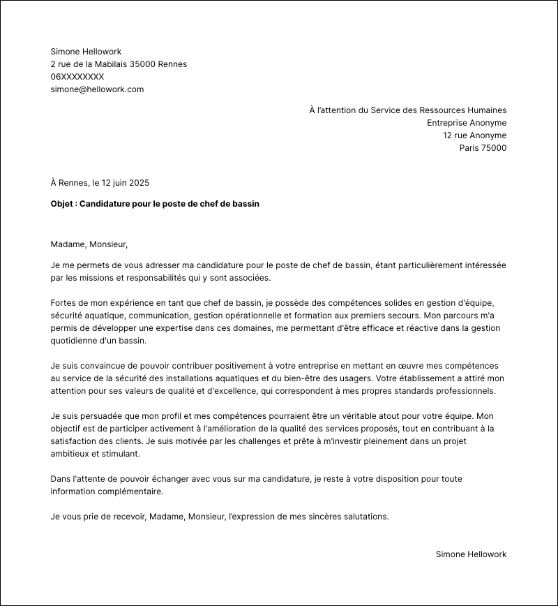 Exemple lettre de motivation Chef de bassin
