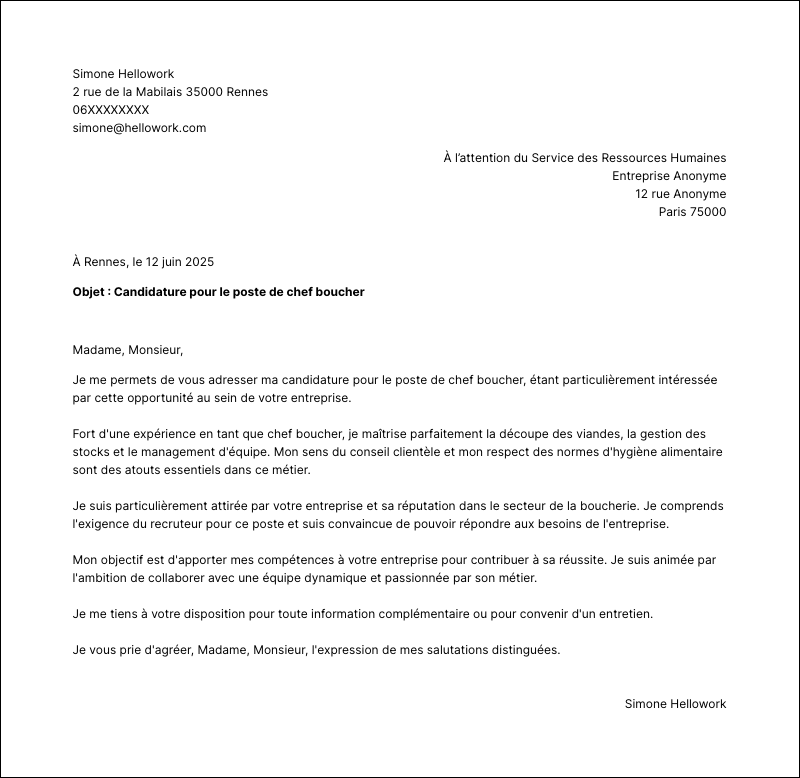 Modèle lettre de motivation Chef boucher Exemple lettre de motivation Chef boucher