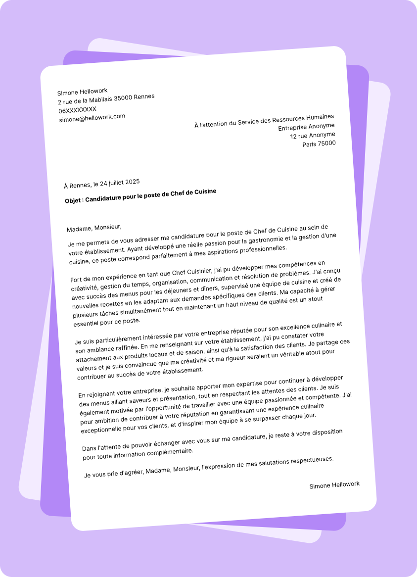 Modèle lettre de motivation Chef cuisine Exemple lettre de motivation Chef cuisine