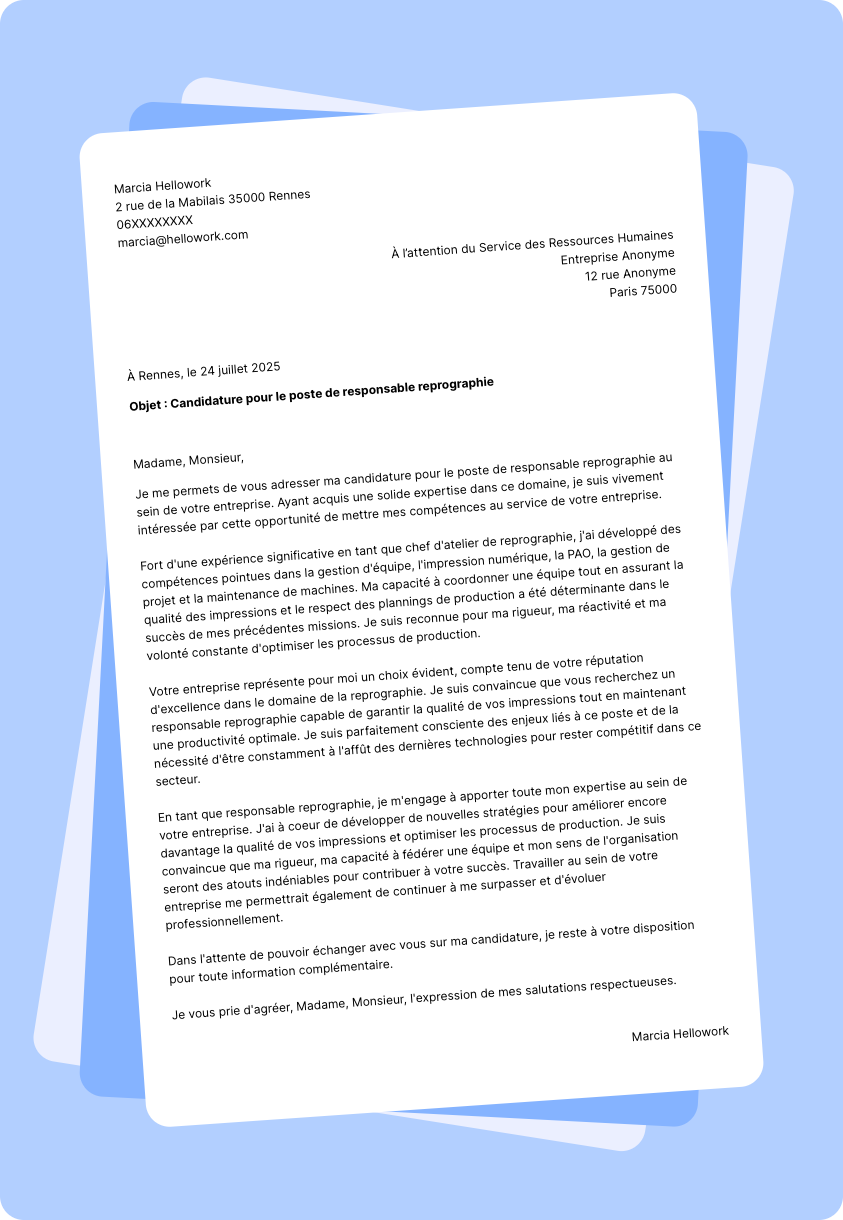 Exemple lettre de motivation Responsable reprographie