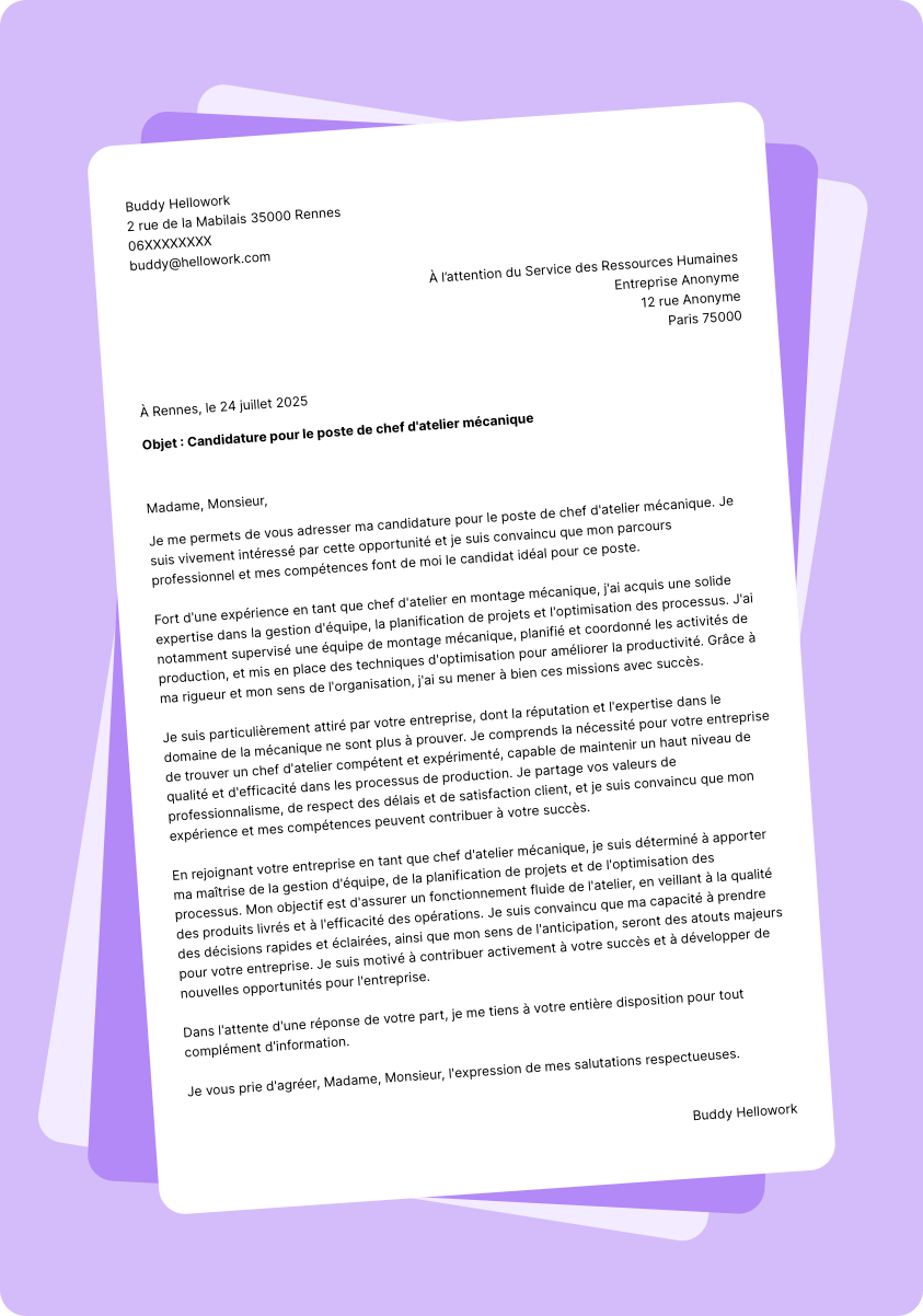 Exemple lettre de motivation Chef d'atelier en mécanique