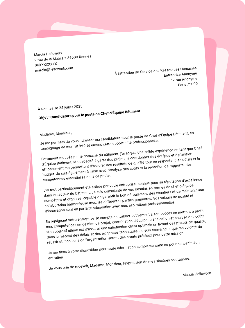 Exemple lettre de motivation Chef d'équipe bâtiment