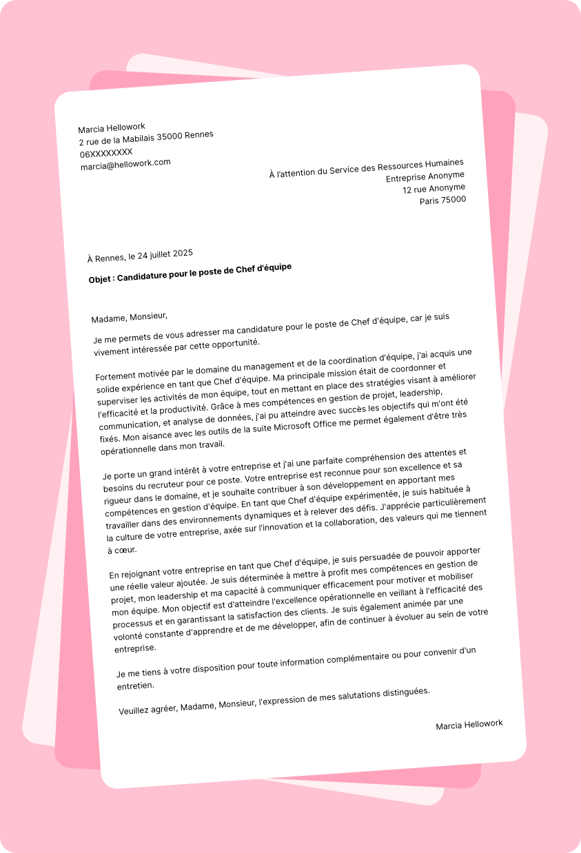 Exemple lettre de motivation Chef d'équipe