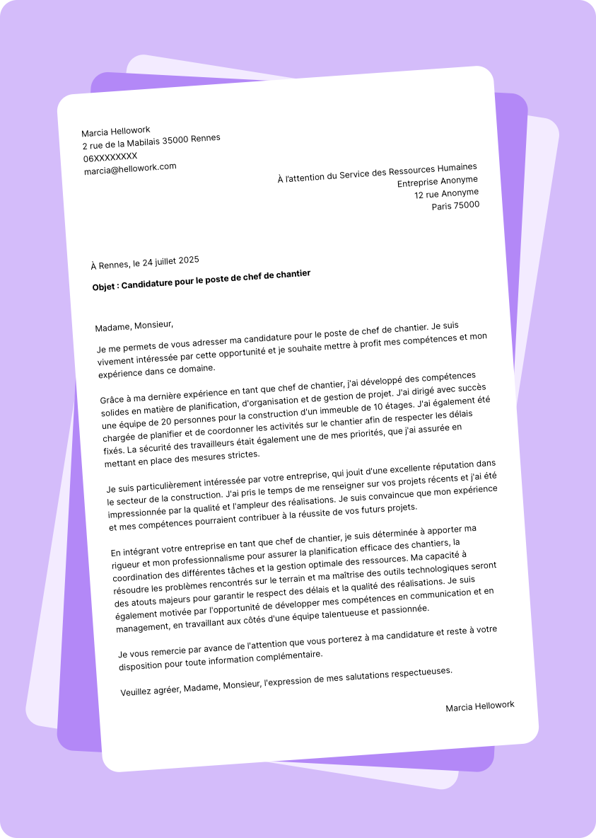 Exemple lettre de motivation Chef de chantier