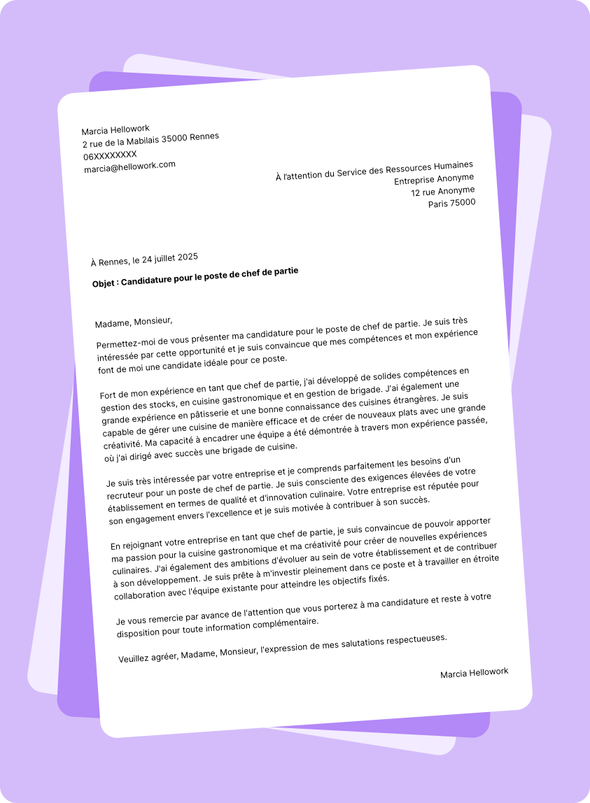Modèle lettre de motivation Chef de partie Exemple lettre de motivation Chef de partie