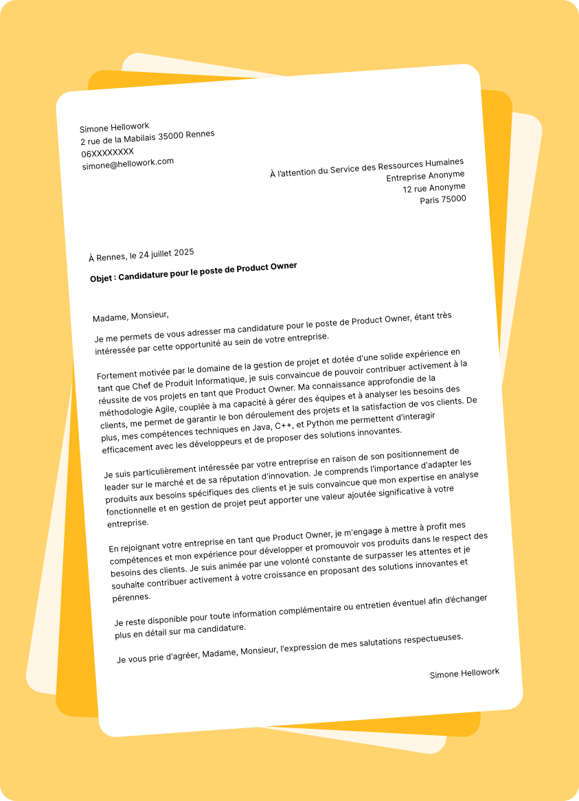 Modèle lettre de motivation Product owner Exemple lettre de motivation Product owner