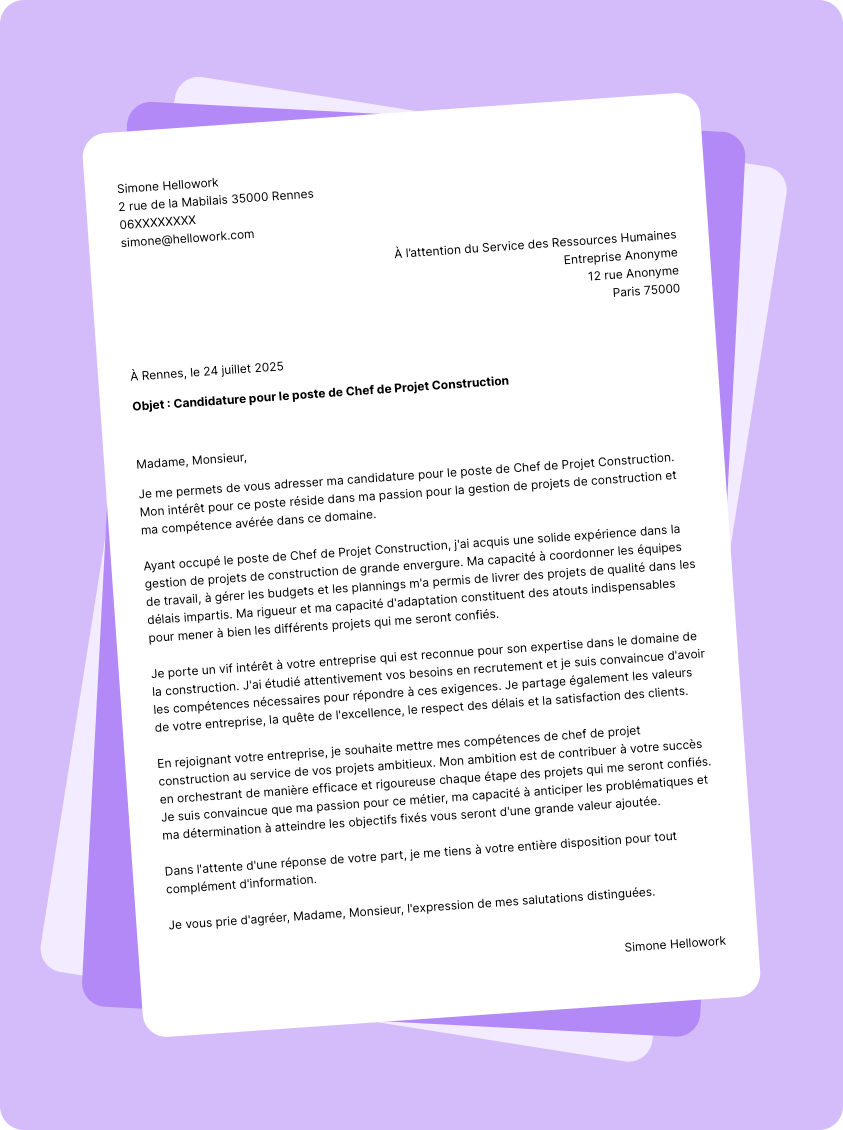 Modèle lettre de motivation Chef de projet construction Exemple lettre de motivation Chef de projet construction