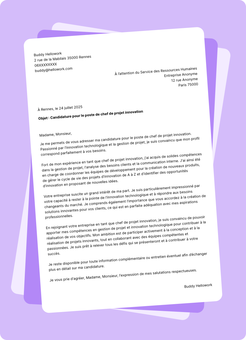 Exemple lettre de motivation Chef de projet innovation