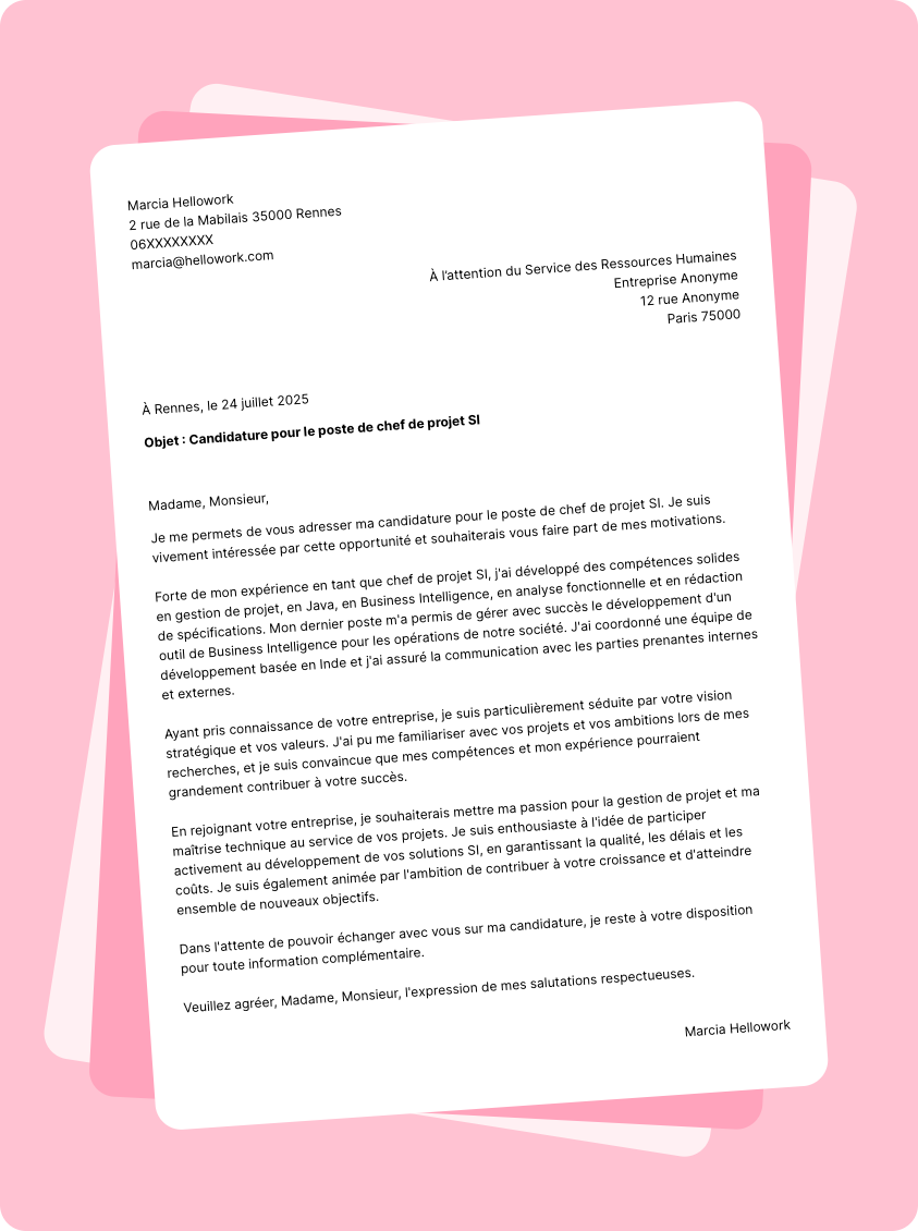 Modèle lettre de motivation Chef de projet SI Exemple lettre de motivation Chef de projet SI
