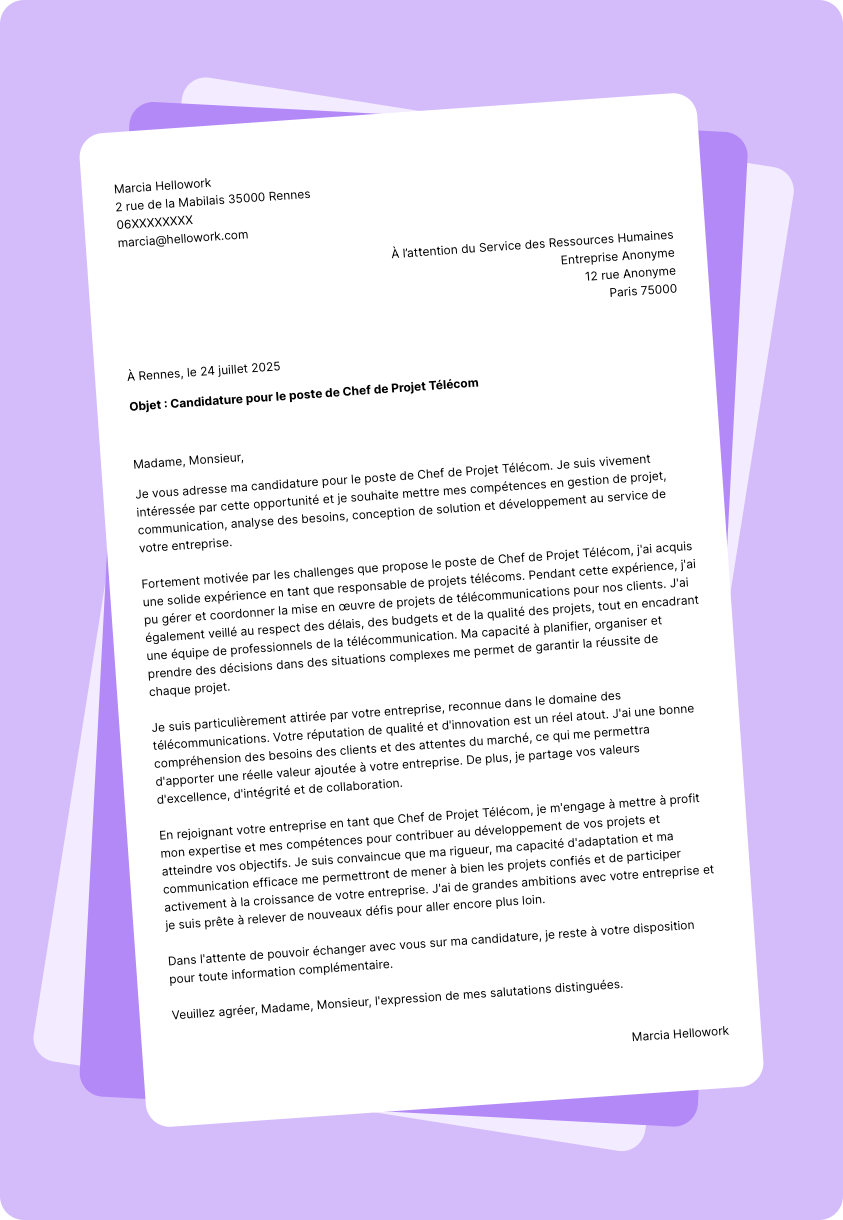 Exemple lettre de motivation Chef de projet télécom