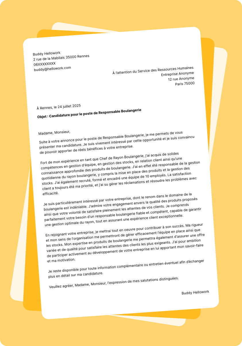 Modèle lettre de motivation Responsable boulangerie Exemple lettre de motivation Responsable boulangerie