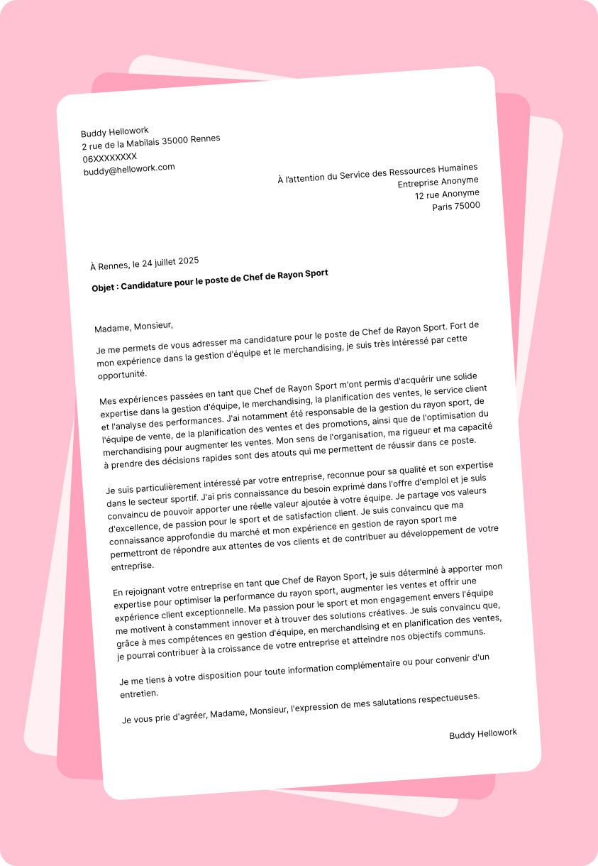 Modèle lettre de motivation Chef de rayon sport Exemple lettre de motivation Chef de rayon sport