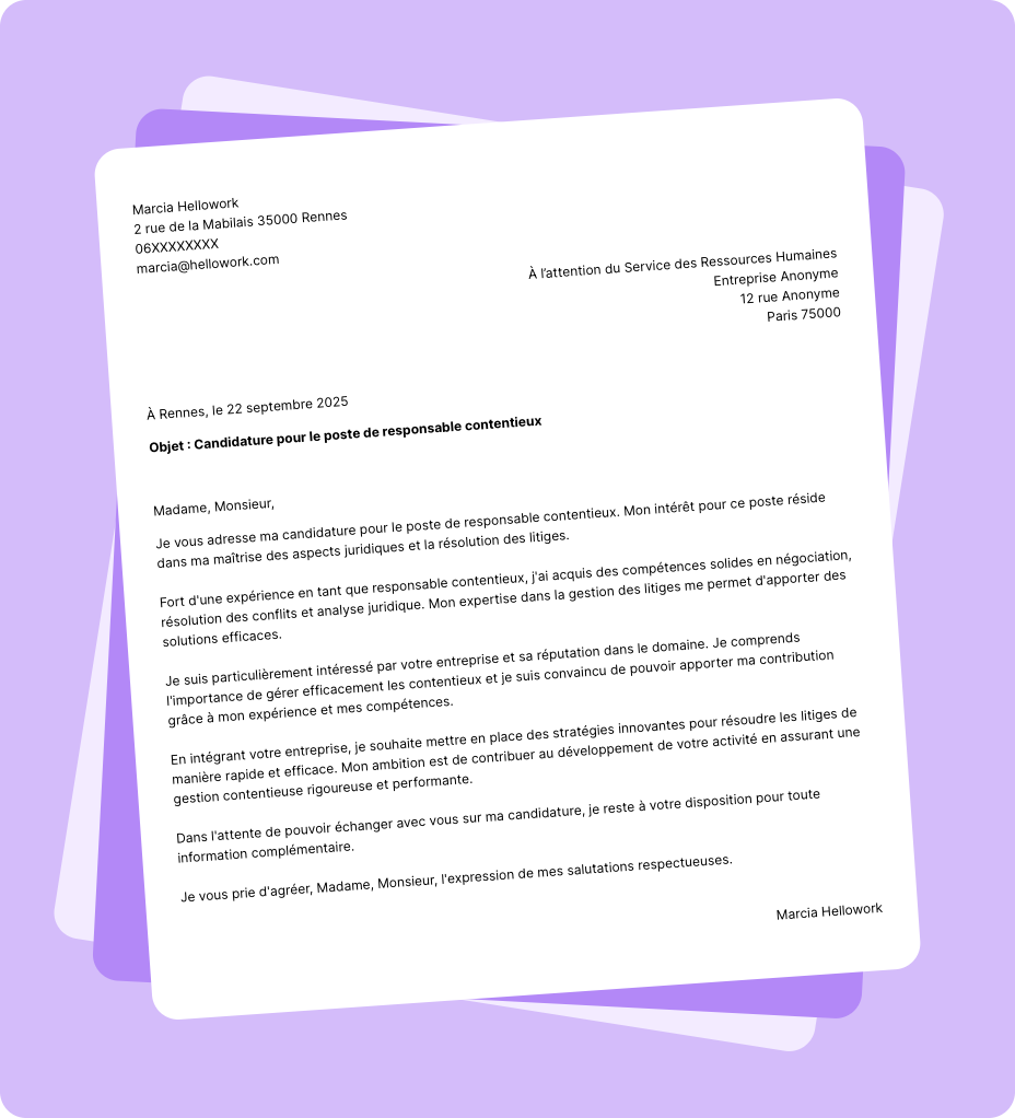 Exemple lettre de motivation Responsable contentieux
