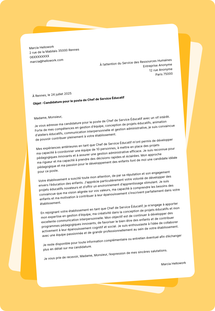 Modèle lettre de motivation Chef de service éducatif Exemple lettre de motivation Chef de service éducatif