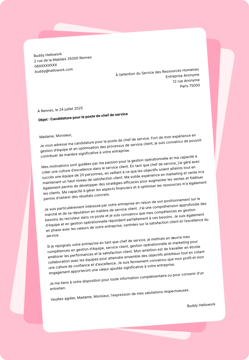 Exemple lettre de motivation Chef de service