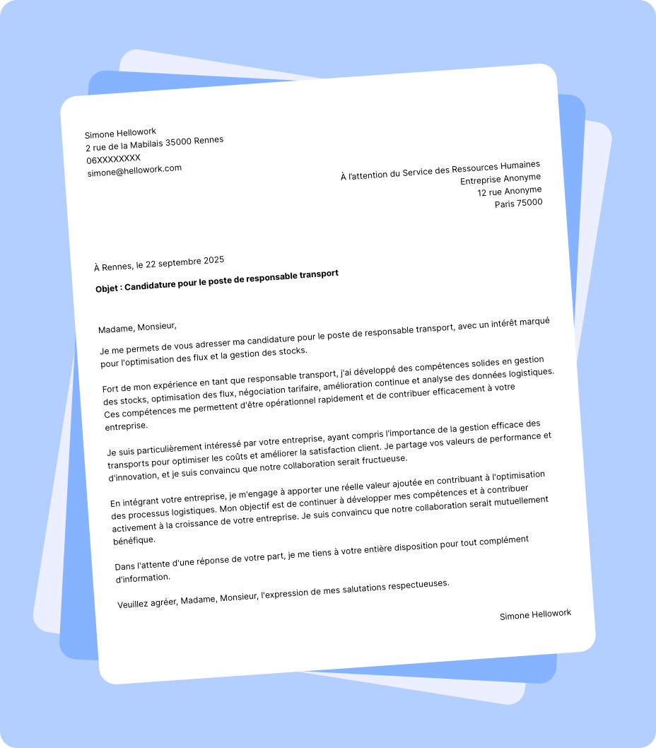 Exemple lettre de motivation Responsable transport