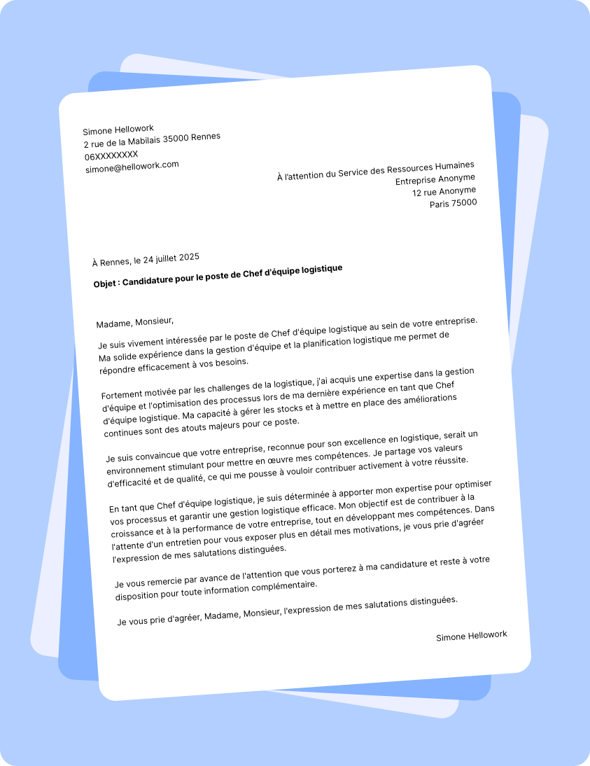 Modèle lettre de motivation Chef d'équipe logistique Exemple lettre de motivation Chef d'équipe logistique