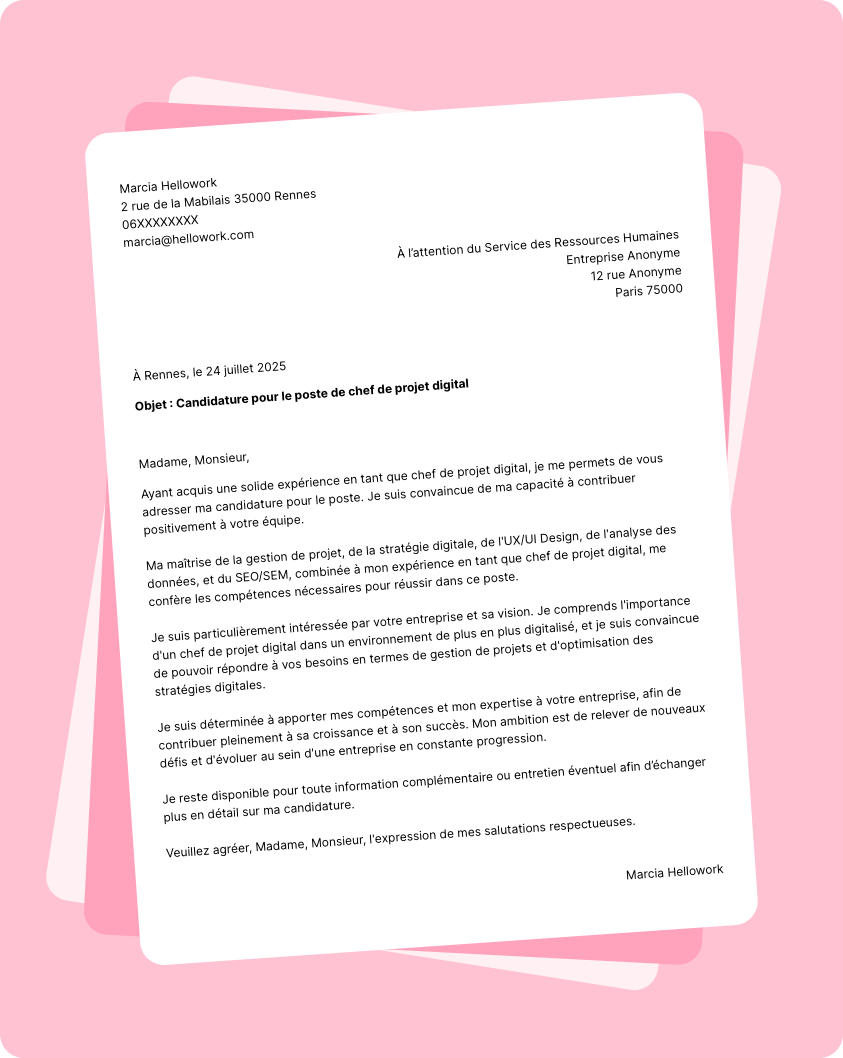 Exemple lettre de motivation Chef de projet digital