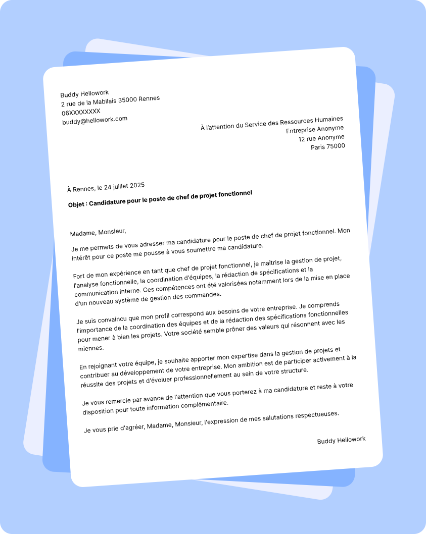 Exemple lettre de motivation Chef de projet fonctionnel