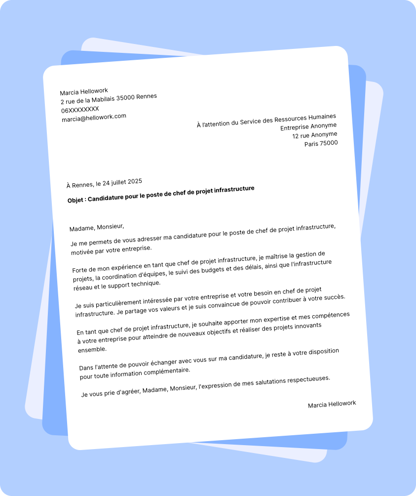 Exemple lettre de motivation Chef de projet infrastructure