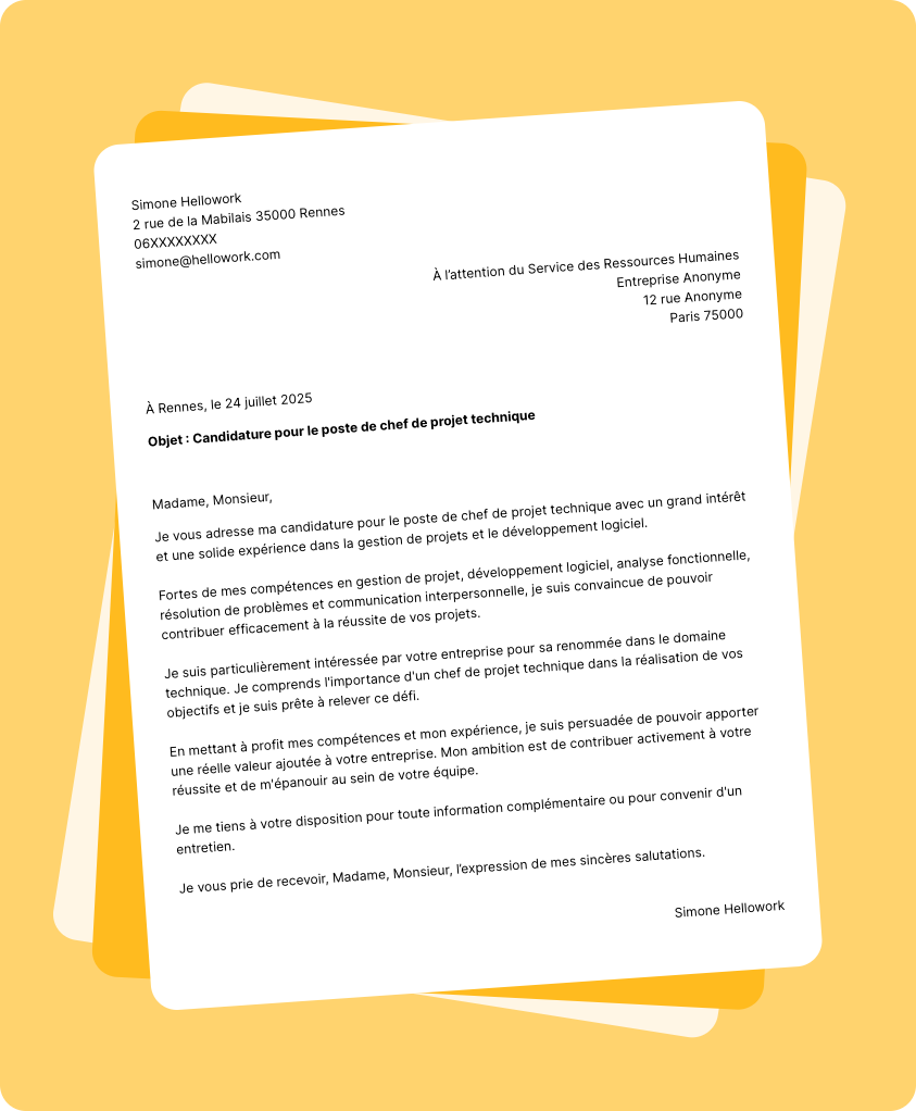 Modèle lettre de motivation Chef de projet technique Exemple lettre de motivation Chef de projet technique