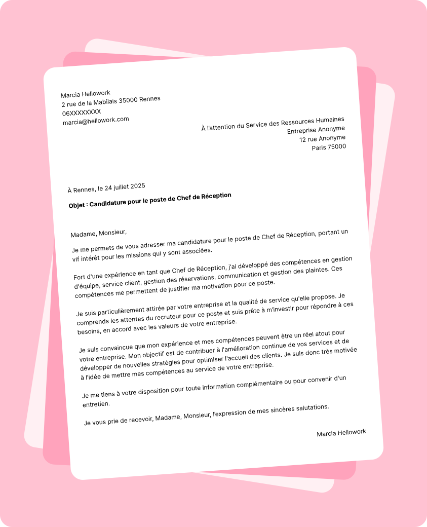 Exemple lettre de motivation Chef de réception