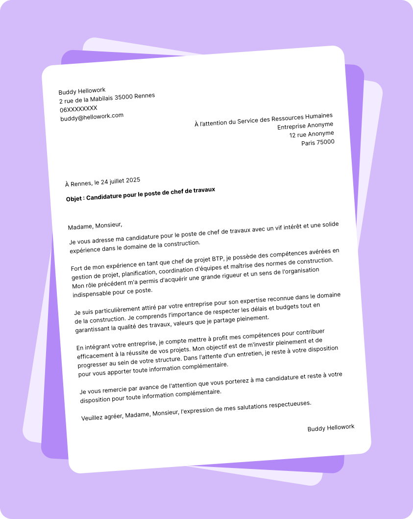 Modèle lettre de motivation Chef de travaux Exemple lettre de motivation Chef de travaux