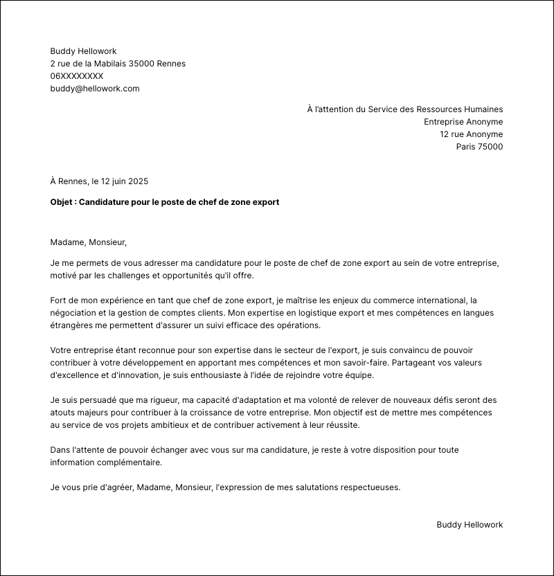 Modèle lettre de motivation Chef de zone export Exemple lettre de motivation Chef de zone export