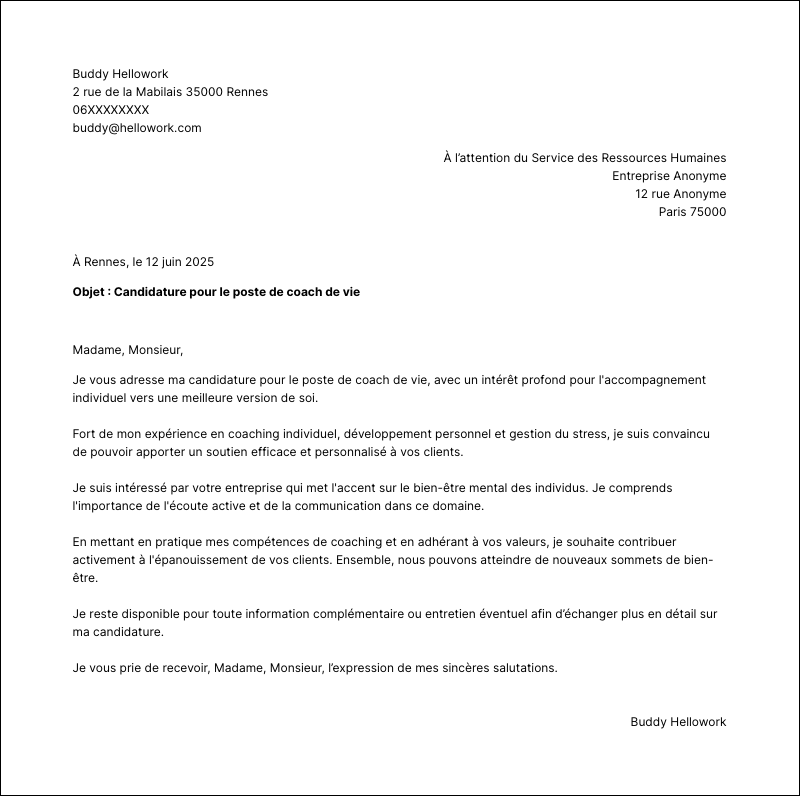 Modèle lettre de motivation Coach de vie Exemple lettre de motivation Coach de vie